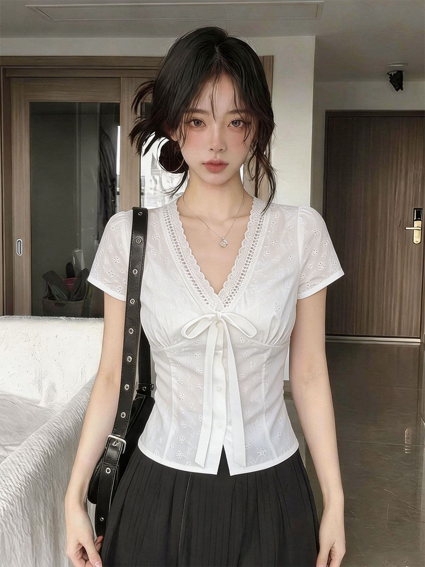 순면 자카드 원단 네리 여름 우유 화이트 홀로우 아웃 자수 반팔 슬림해 보이는 달콤한 자매 쇼트 스타일 작은 열림 셔츠 셔츠 상세 이미지 5