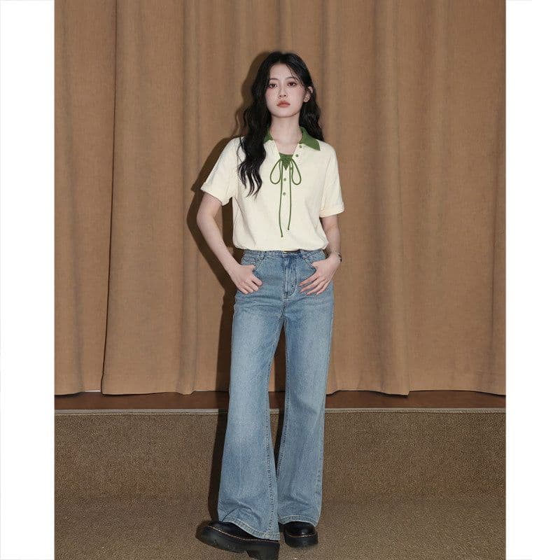 눈꽃 구슬 그라운드 210 그램 반팔 티셔츠 여성 의류 여름 새로운 루즈핏 레이스업 배색 POLO 칼라 맨위 상세 이미지 3