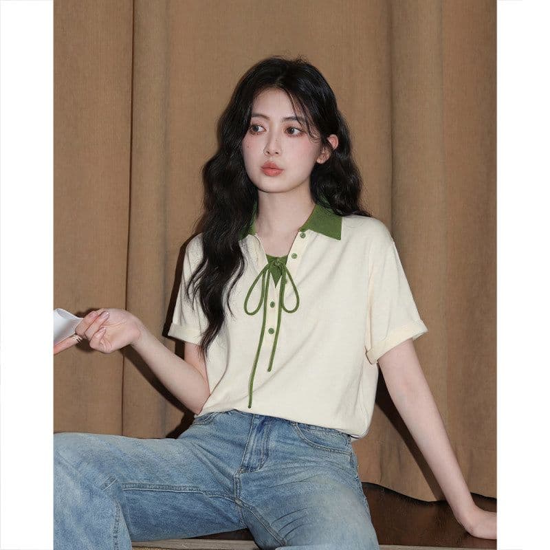 눈꽃 구슬 그라운드 210 그램 반팔 티셔츠 여성 의류 여름 새로운 루즈핏 레이스업 배색 POLO 칼라 맨위 상세 이미지 4