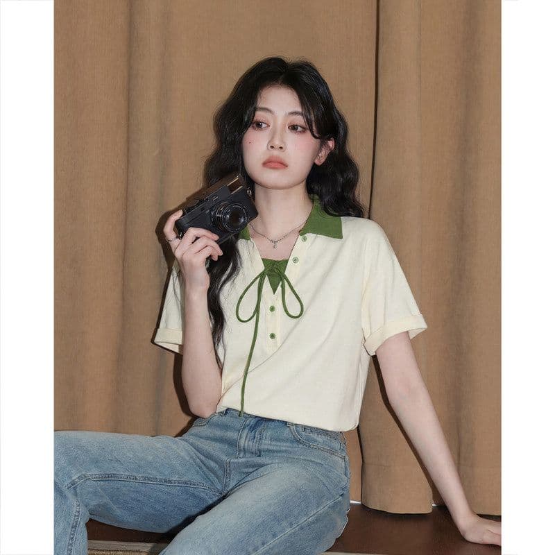 눈꽃 구슬 그라운드 210 그램 반팔 티셔츠 여성 의류 여름 새로운 루즈핏 레이스업 배색 POLO 칼라 맨위 상세 이미지 5