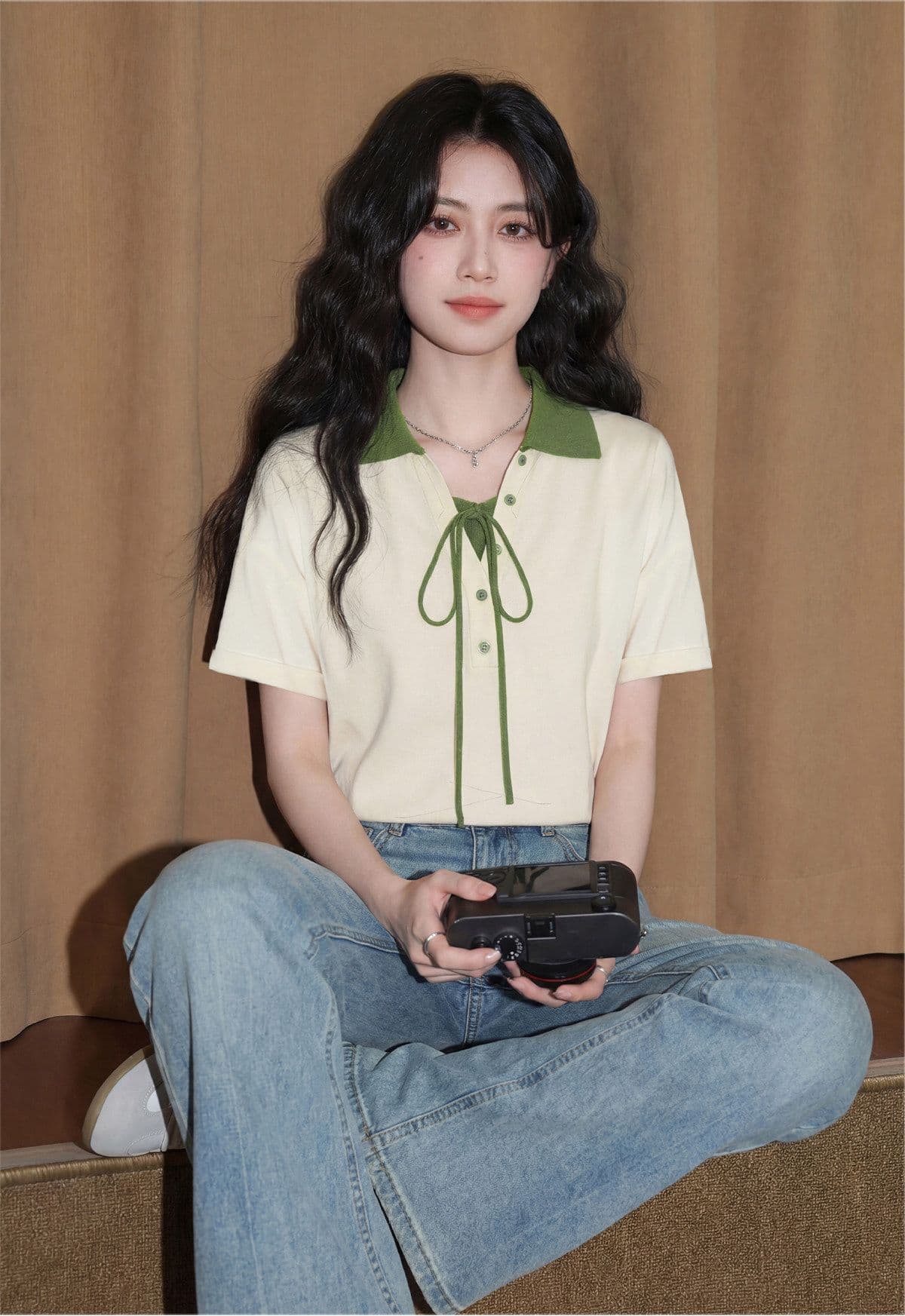 눈꽃 구슬 그라운드 210 그램 반팔 티셔츠 여성 의류 여름 새로운 루즈핏 레이스업 배색 POLO 칼라 맨위 상세 이미지 7