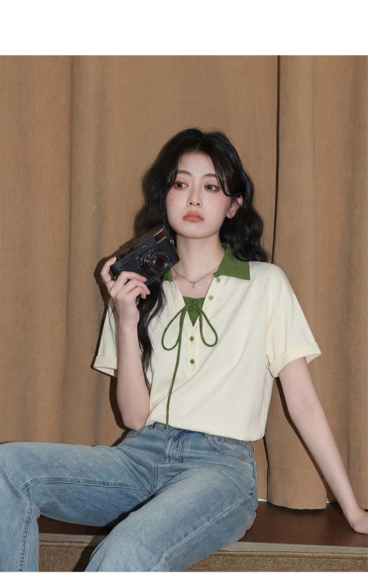 눈꽃 구슬 그라운드 210 그램 반팔 티셔츠 여성 의류 여름 새로운 루즈핏 레이스업 배색 POLO 칼라 맨위 상세 이미지 9