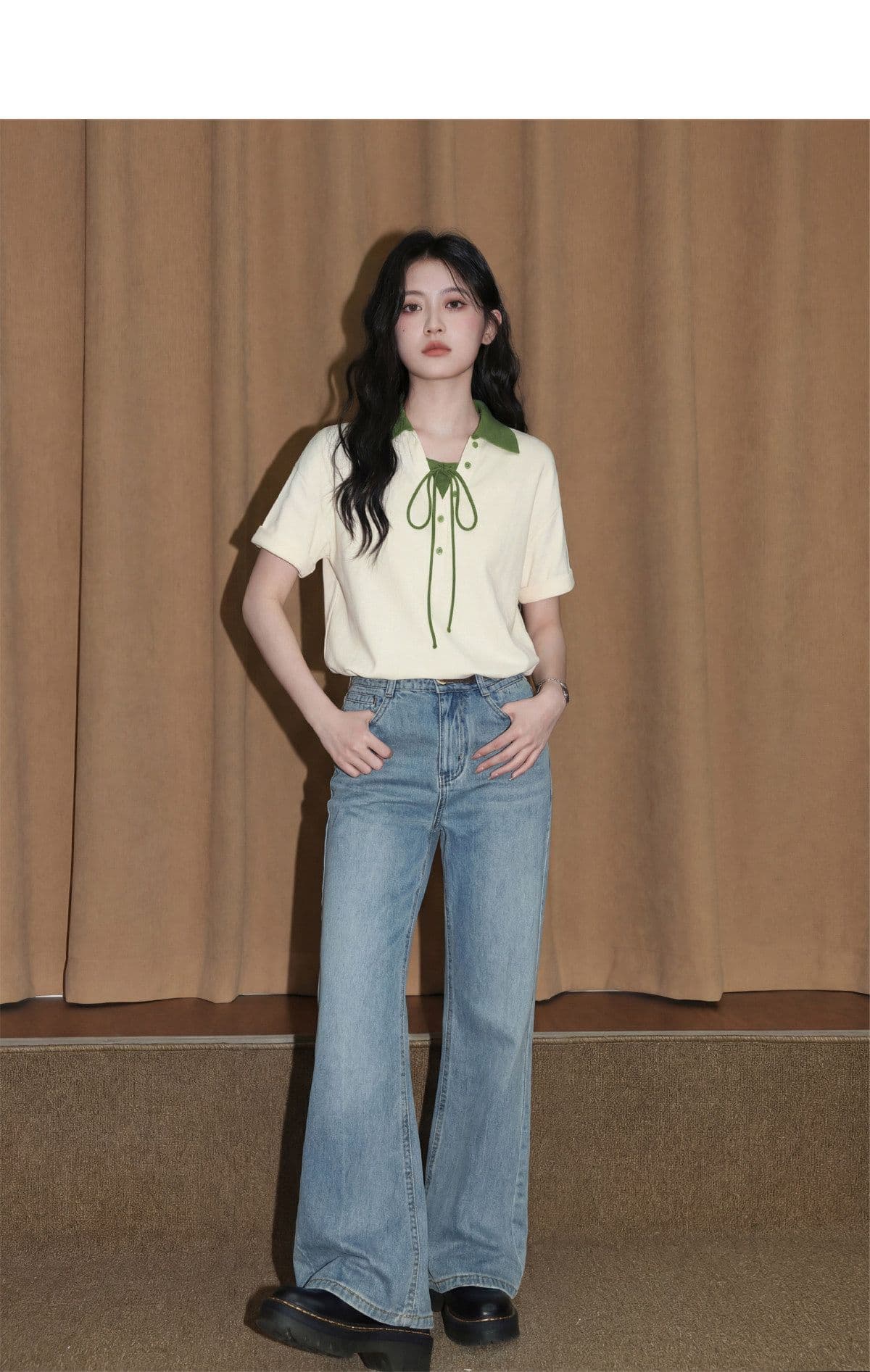 눈꽃 구슬 그라운드 210 그램 반팔 티셔츠 여성 의류 여름 새로운 루즈핏 레이스업 배색 POLO 칼라 맨위 상세 이미지 11