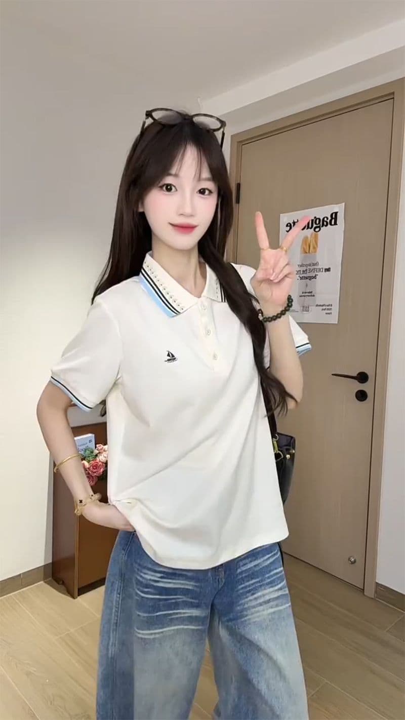 한국 눈꽃 구슬 그라운드 210 그램 반팔 티셔츠 여성 의류 여름 새로운 자수 스트라이프 POLO 칼라 맨위