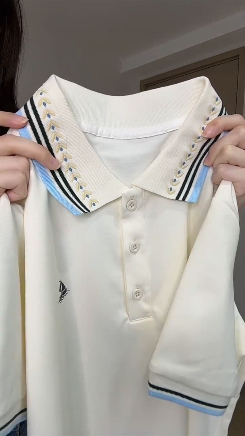 한국 눈꽃 구슬 그라운드 210 그램 반팔 티셔츠 여성 의류 여름 새로운 자수 스트라이프 POLO 칼라 맨위 이미지 2