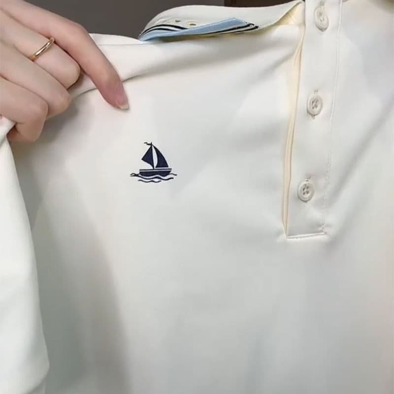 한국 눈꽃 구슬 그라운드 210 그램 반팔 티셔츠 여성 의류 여름 새로운 자수 스트라이프 POLO 칼라 맨위 이미지 5