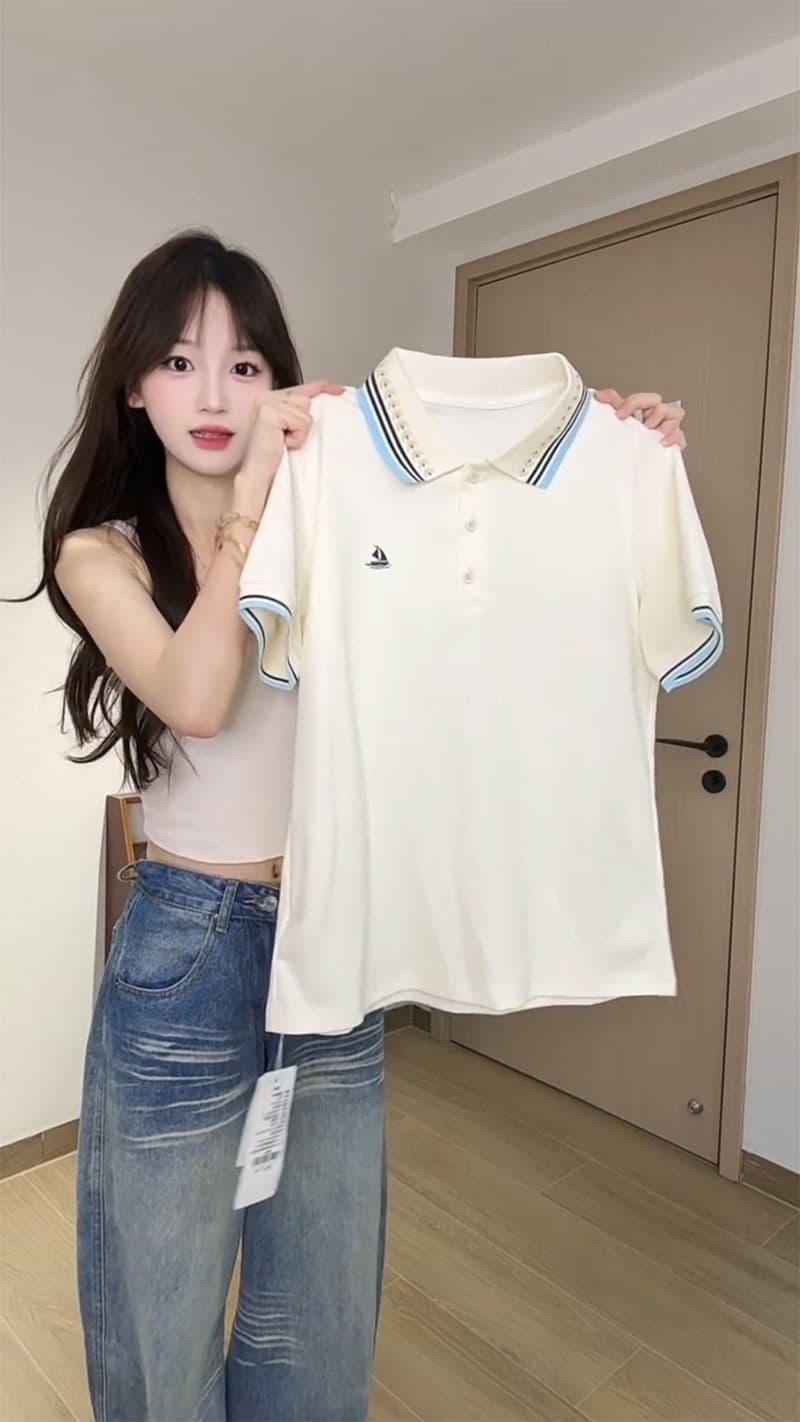 한국 눈꽃 구슬 그라운드 210 그램 반팔 티셔츠 여성 의류 여름 새로운 자수 스트라이프 POLO 칼라 맨위 상세 이미지 3
