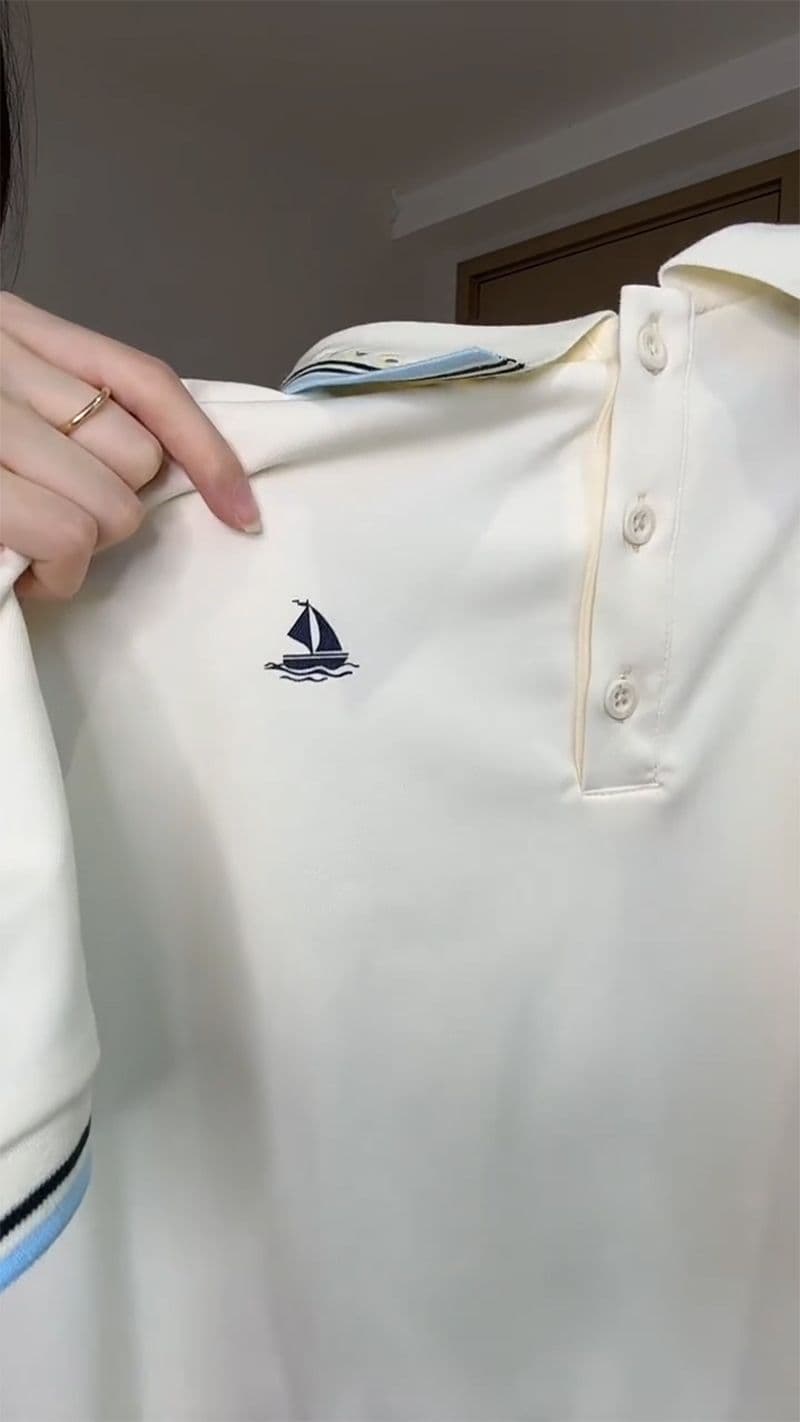한국 눈꽃 구슬 그라운드 210 그램 반팔 티셔츠 여성 의류 여름 새로운 자수 스트라이프 POLO 칼라 맨위 상세 이미지 6