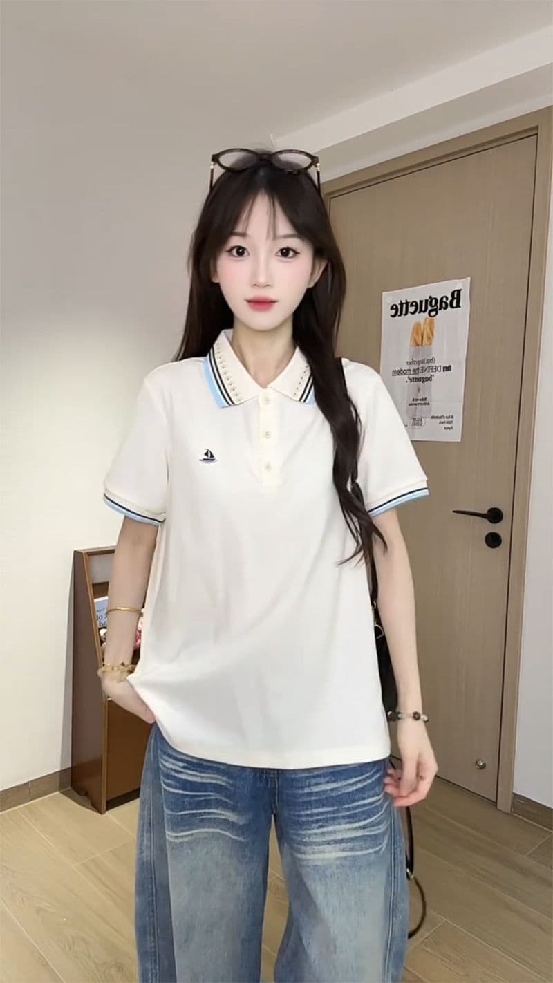 한국 눈꽃 구슬 그라운드 210 그램 반팔 티셔츠 여성 의류 여름 새로운 자수 스트라이프 POLO 칼라 맨위 상세 이미지 7