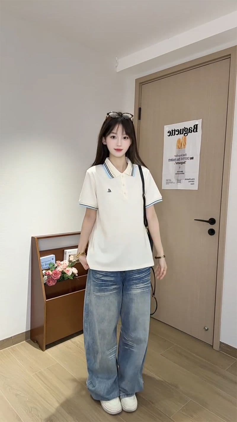 한국 눈꽃 구슬 그라운드 210 그램 반팔 티셔츠 여성 의류 여름 새로운 자수 스트라이프 POLO 칼라 맨위 상세 이미지 8