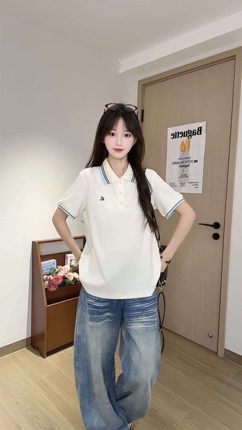 한국 눈꽃 구슬 그라운드 210 그램 반팔 티셔츠 여성 의류 여름 새로운 자수 스트라이프 POLO 칼라 맨위 상세 이미지 9