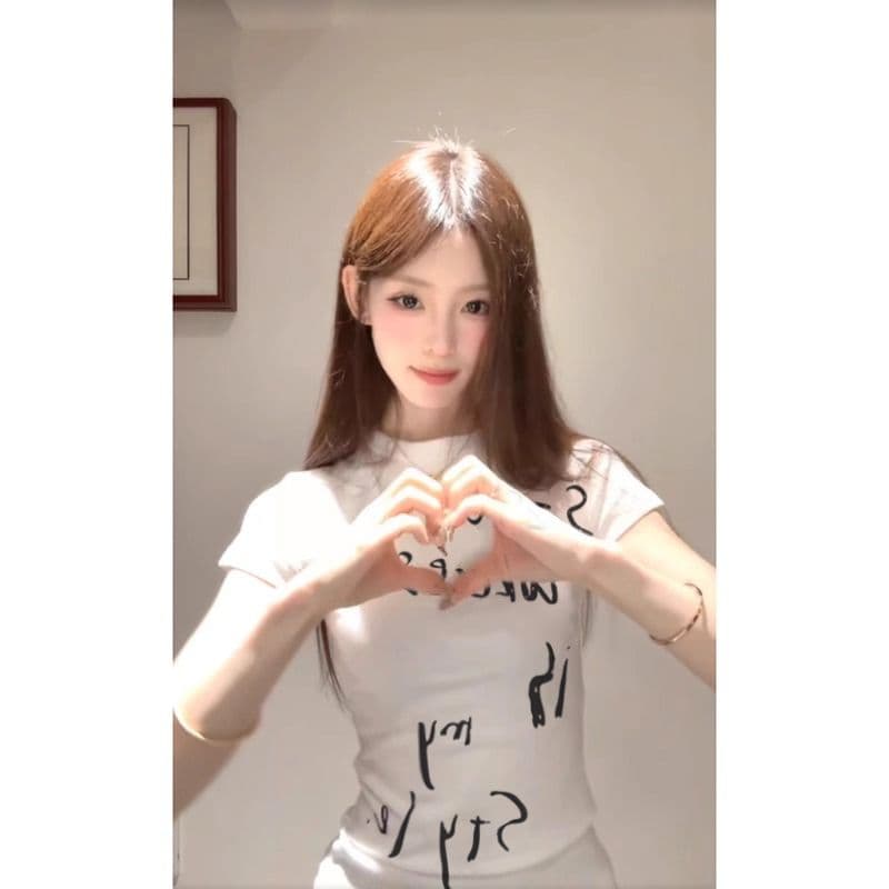 순면 리브 반팔 티셔츠 여름 2026 새로운 트렌디 재미있는 프린트 몸매 가꾸기 슬림해 보이는 라운드 넥 맨위 여성 의류 상세 이미지 6