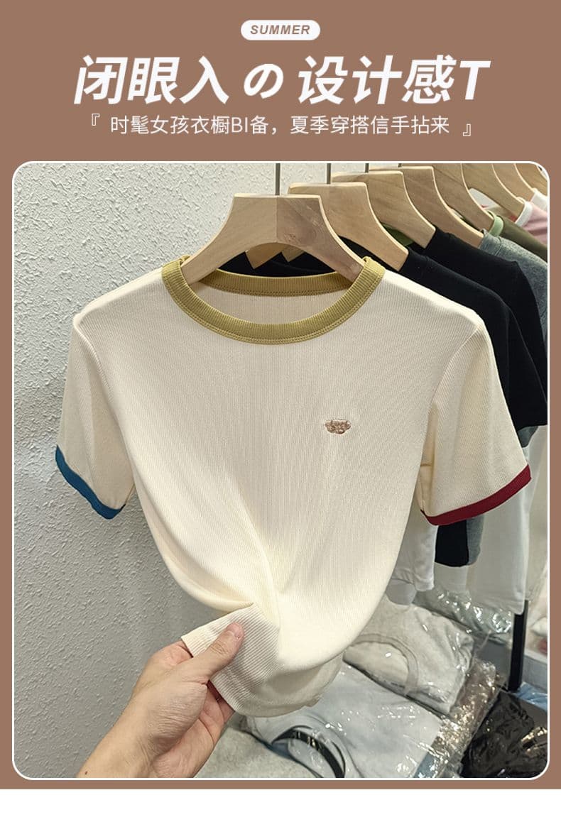 2 2 리브 반팔 티셔츠 여성 여름 2026 가시 자수 단색 배색 쇼트 스타일 라운드 넥 맨위 빅 사이즈 여성 의류 상세 이미지 1