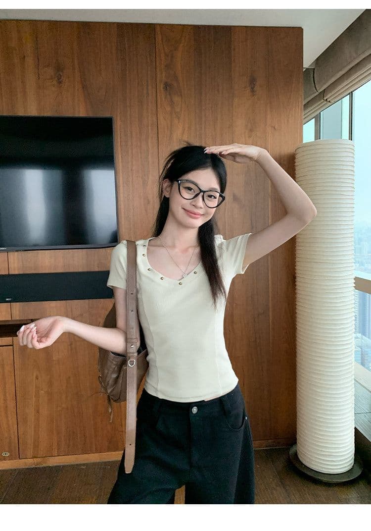 반팔 티셔츠 여성 의류 여름 트렌디 새로운 긍정적 인 어깨 몸매 가꾸기 슬림해 보이는 한 부서 디자인 센스 징 V넥 맨위 상세 이미지 16