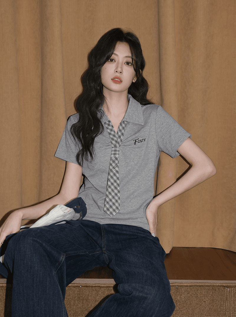 1 1 리브 210 그램 반팔 티셔츠 여성 여름 새로운 한 부서 디자인 센스 넥타이 POLO 칼라 맨위 이미지 4