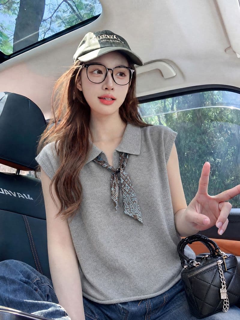 반팔 티셔츠 니트 스웨터 여성 의류 여름 새로운 디자인 센스 미니멀리즘 단색 루즈핏 POLO 칼라 맨위 이미지 3