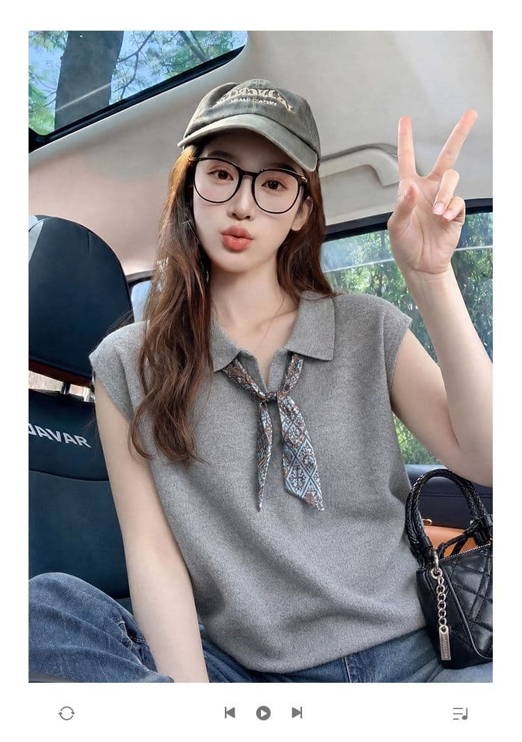 반팔 티셔츠 니트 스웨터 여성 의류 여름 새로운 디자인 센스 미니멀리즘 단색 루즈핏 POLO 칼라 맨위 상세 이미지 1