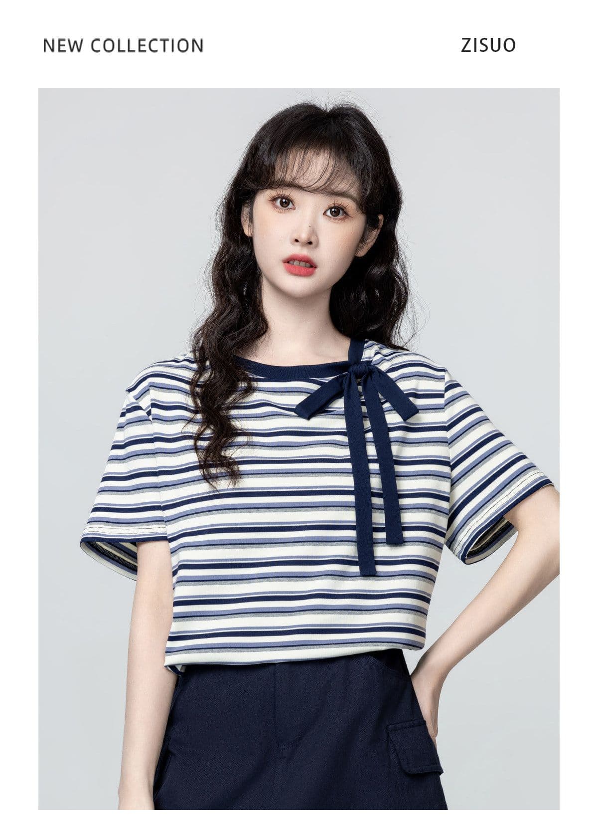 반팔 티셔츠 여성 의류 여름 루즈핏 한 부서 디자인 센스 아메리칸 스트라이프 스트랩 배색 비스듬한 칼라 맨위 상세 이미지 11