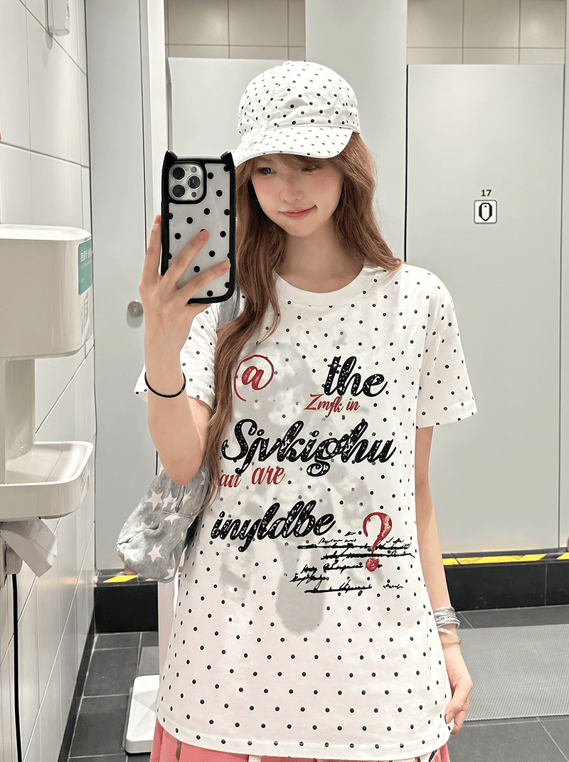 반팔 티셔츠 여성 의류 여름 새로운 긍정적 인 어깨 패션 도트 무늬 프린트 한 부서 디자인 센스 라운드 넥 맨위 상세 이미지 3
