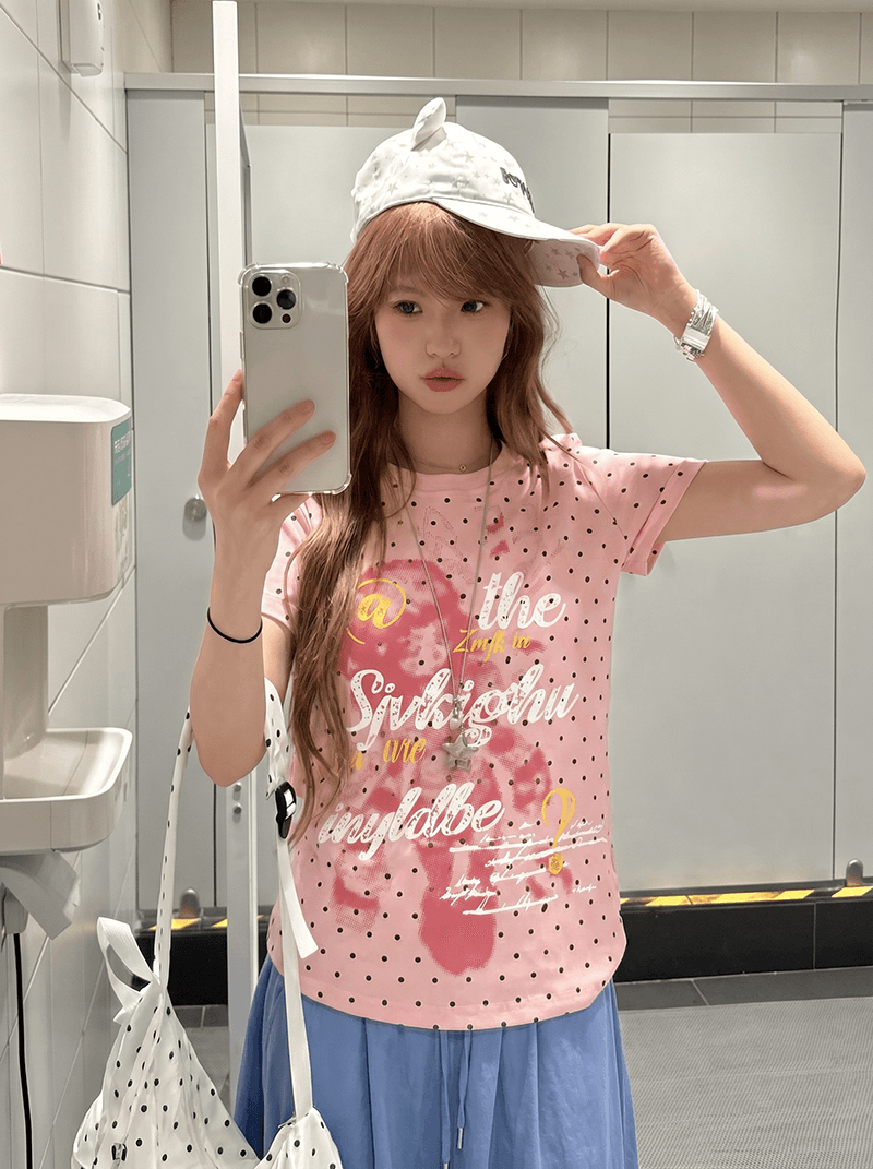 반팔 티셔츠 여성 의류 여름 새로운 긍정적 인 어깨 패션 도트 무늬 프린트 한 부서 디자인 센스 라운드 넥 맨위 상세 이미지 5