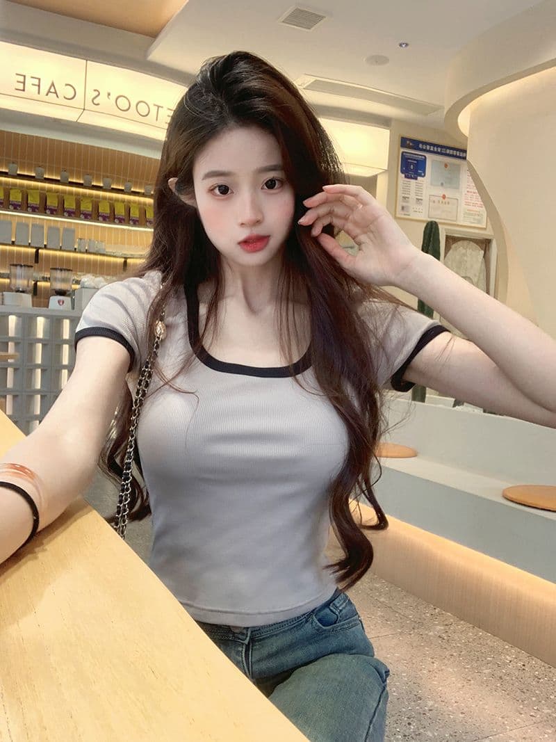 1 1 리브 210 그램 반팔 티셔츠 2026 여름 단색 몸매 가꾸기 쇼트 스타일 긍정적 인 어깨 배색 칼라 한국 스타일 여성 의류 상세 이미지 11