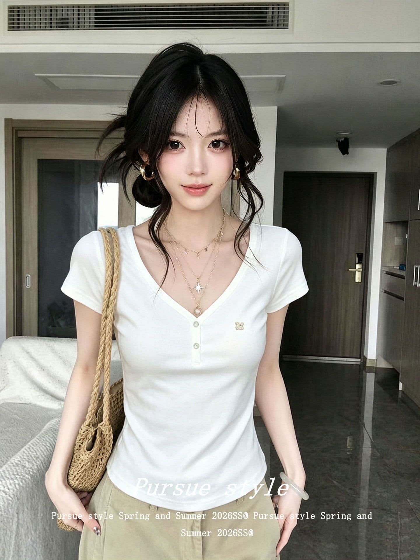 220 그램 물 부드러운 면 반팔 티셔츠 여성 의류 여름 새로운 몸매 가꾸기 슬림해 보이는 단추 V넥 한 첨부 된 의류 이미지 4