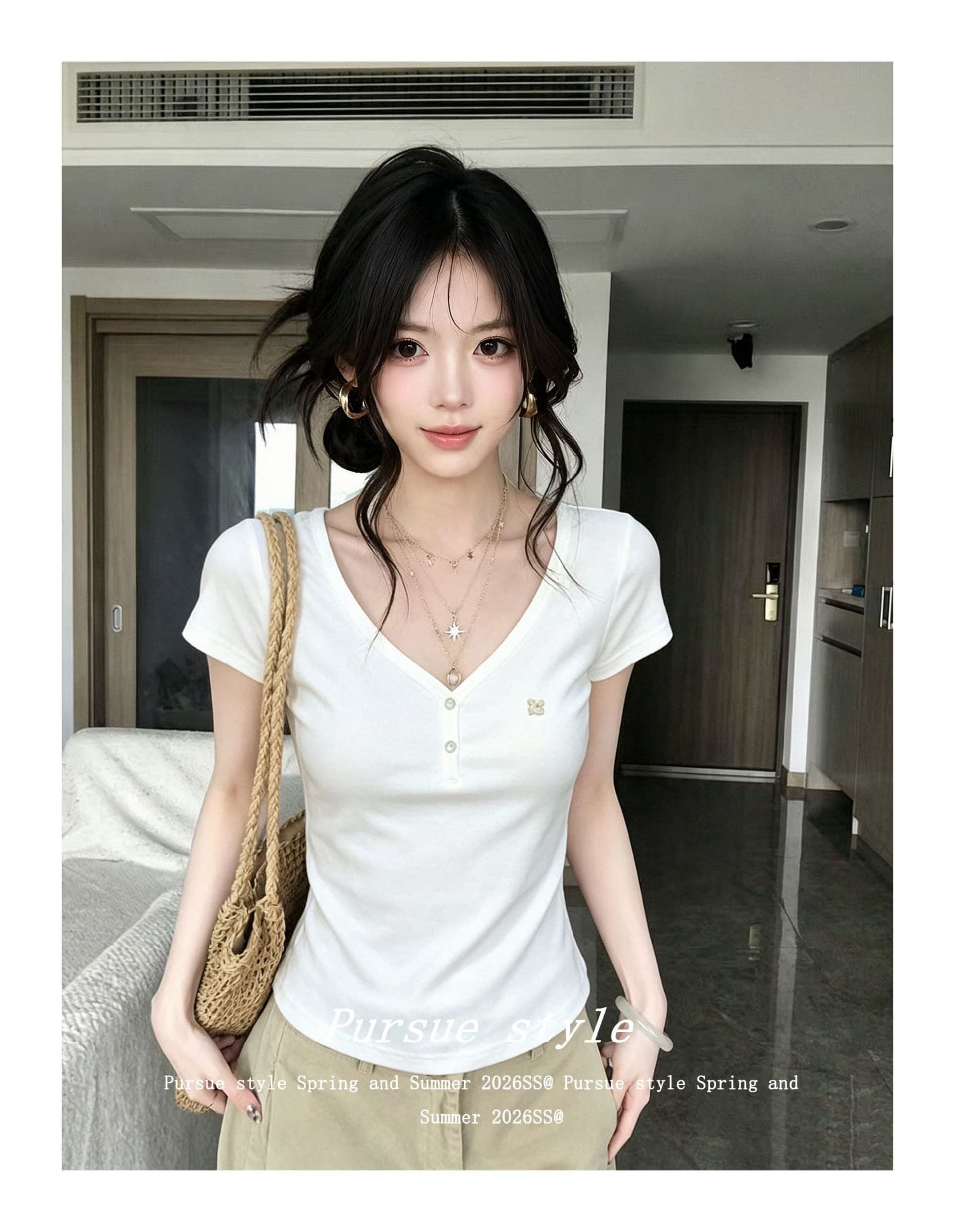 220 그램 물 부드러운 면 반팔 티셔츠 여성 의류 여름 새로운 몸매 가꾸기 슬림해 보이는 단추 V넥 한 첨부 된 의류 상세 이미지 3