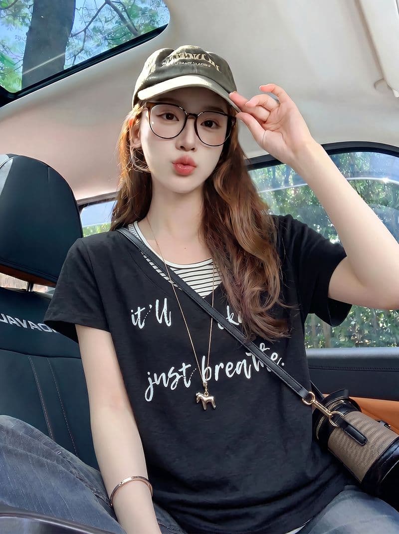 반팔 티셔츠 여성 의류 여름 새로운 프린트 트렌디 한 부서 스트라이프 페이크 레이어드 디자인 센스 u 칼라 맨위 이미지 2