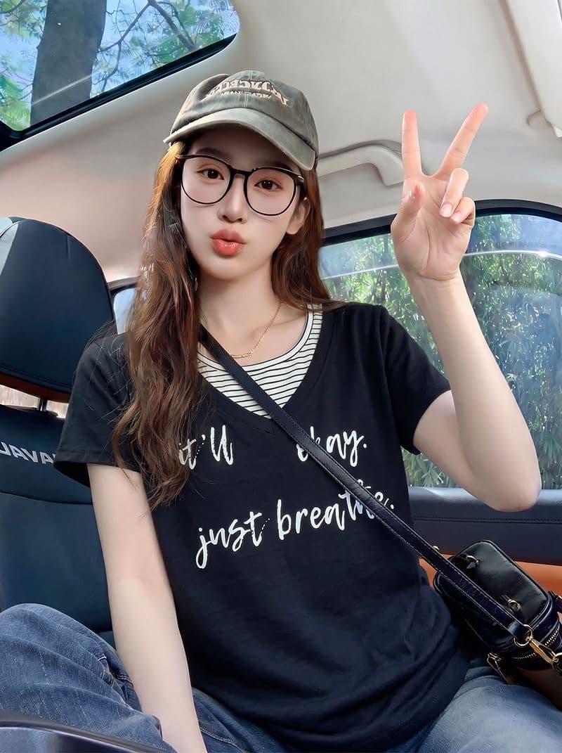 반팔 티셔츠 여성 의류 여름 새로운 프린트 트렌디 한 부서 스트라이프 페이크 레이어드 디자인 센스 u 칼라 맨위 이미지 4