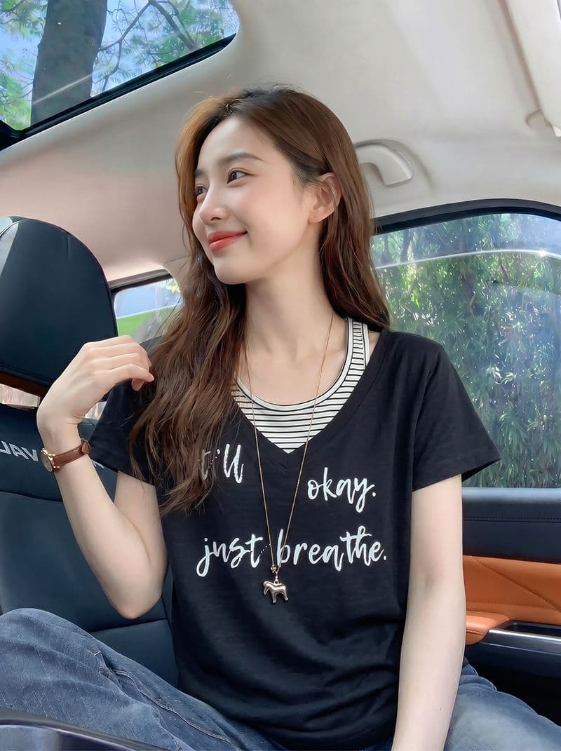 반팔 티셔츠 여성 의류 여름 새로운 프린트 트렌디 한 부서 스트라이프 페이크 레이어드 디자인 센스 u 칼라 맨위 상세 이미지 6
