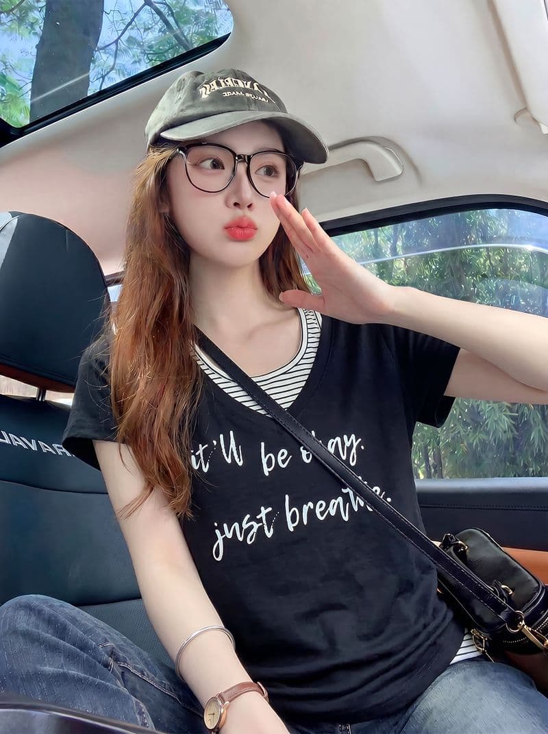 반팔 티셔츠 여성 의류 여름 새로운 프린트 트렌디 한 부서 스트라이프 페이크 레이어드 디자인 센스 u 칼라 맨위 상세 이미지 13