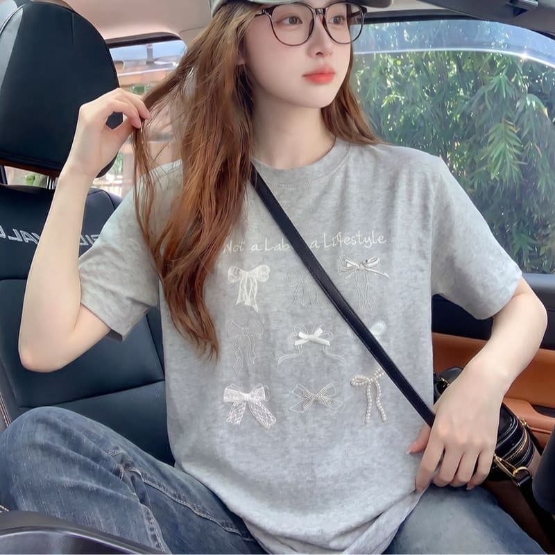 220 그램 순면 반팔 티셔츠 여성 여름 루즈핏 한 부서 디자인 센스 나비 매듭 자수 라운드 넥 맨위 이미지 5