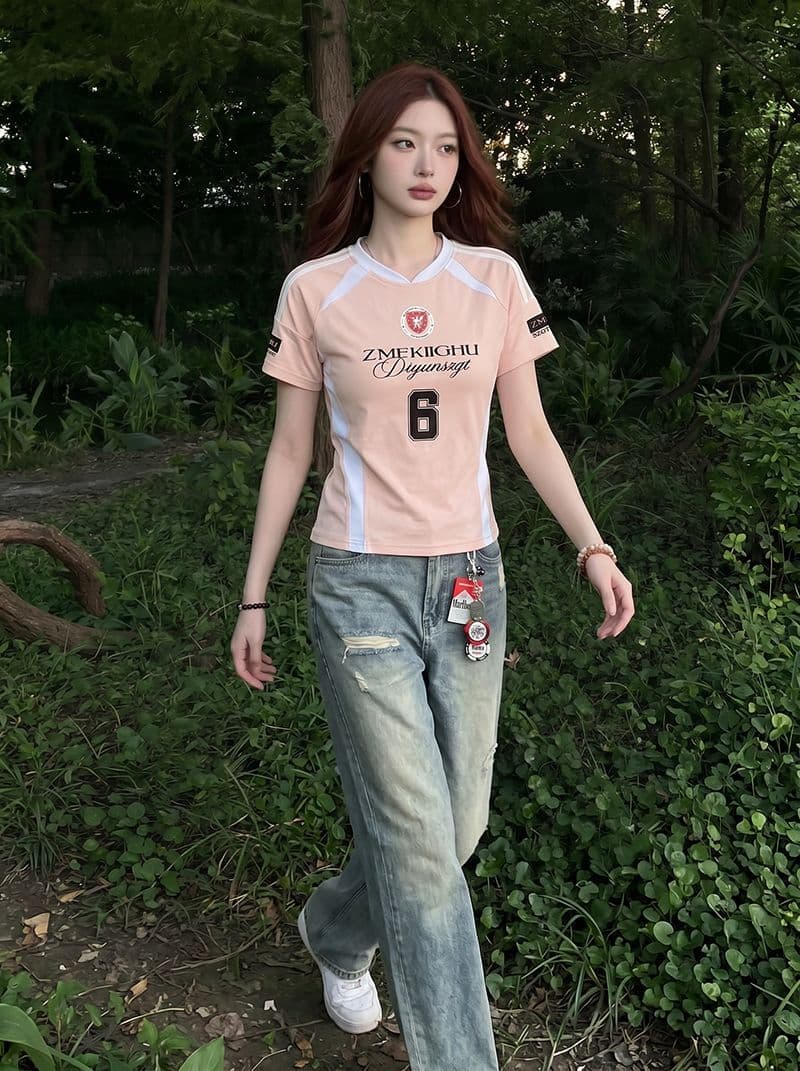 220 그램 주간 실크 차가운 면 반팔 티셔츠 여성 의류 여름 새로운 한 부서 디자인 센스 삽입 색상 V넥 맨위
