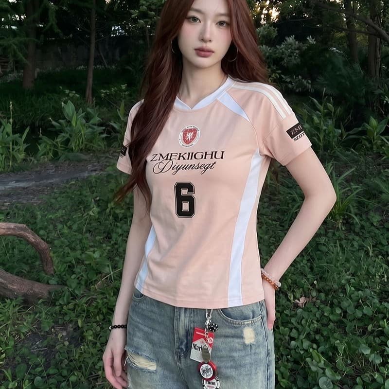220 그램 주간 실크 차가운 면 반팔 티셔츠 여성 의류 여름 새로운 한 부서 디자인 센스 삽입 색상 V넥 맨위 이미지 5