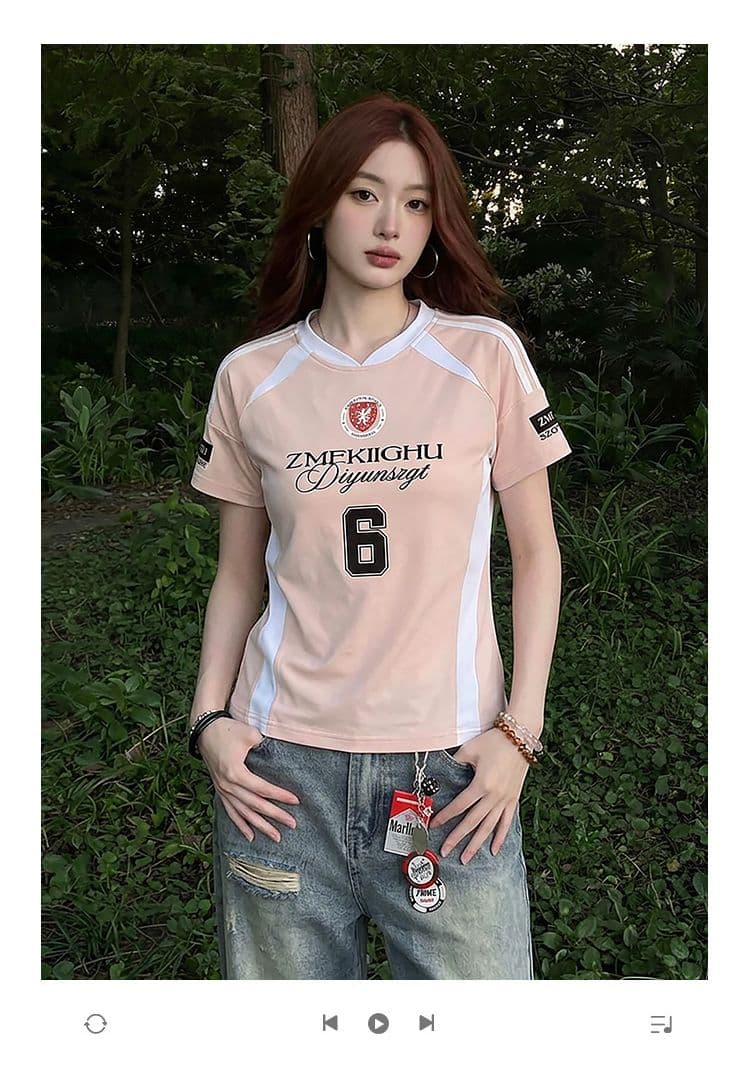 220 그램 주간 실크 차가운 면 반팔 티셔츠 여성 의류 여름 새로운 한 부서 디자인 센스 삽입 색상 V넥 맨위 상세 이미지 1