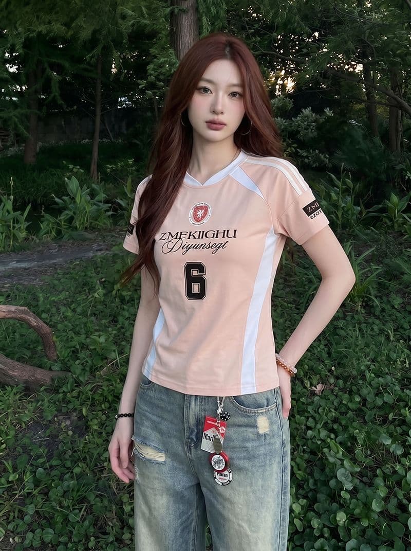 220 그램 주간 실크 차가운 면 반팔 티셔츠 여성 의류 여름 새로운 한 부서 디자인 센스 삽입 색상 V넥 맨위 상세 이미지 9