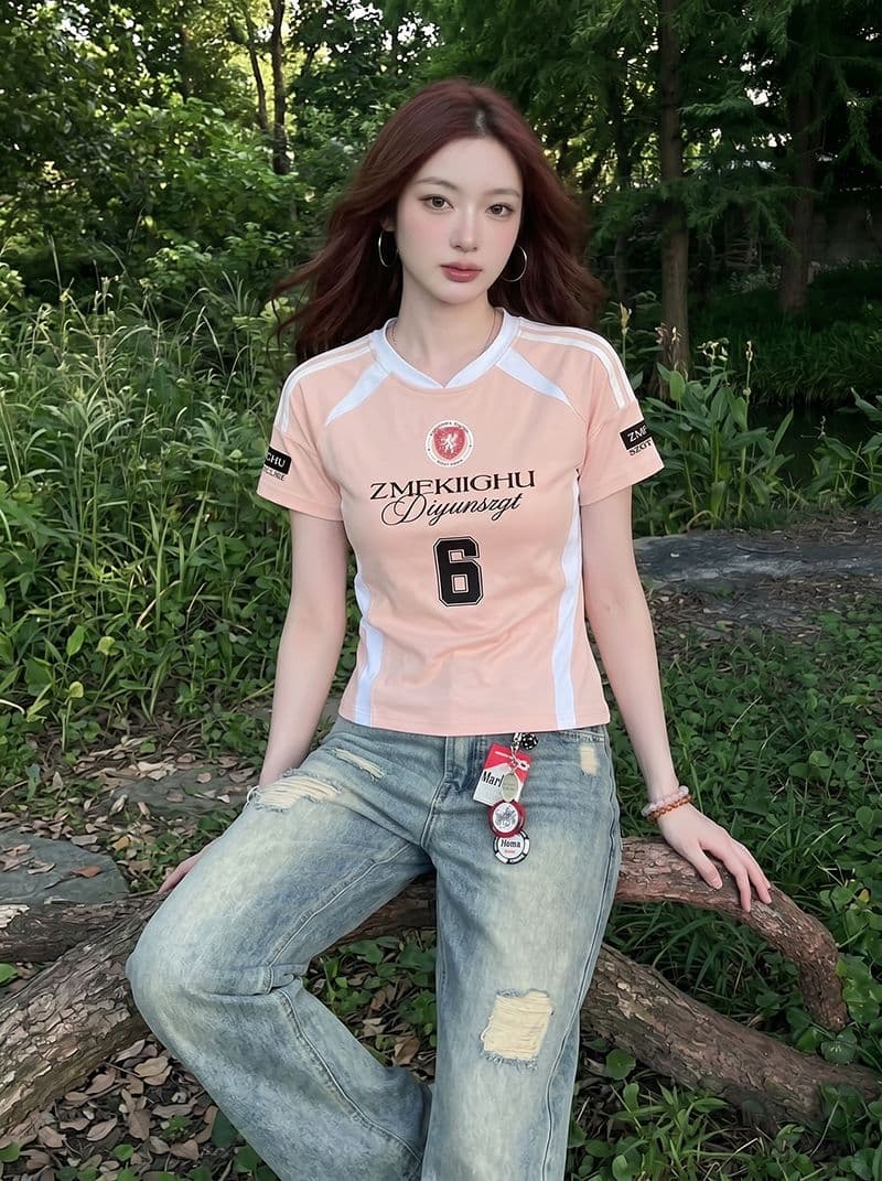 220 그램 주간 실크 차가운 면 반팔 티셔츠 여성 의류 여름 새로운 한 부서 디자인 센스 삽입 색상 V넥 맨위 상세 이미지 13