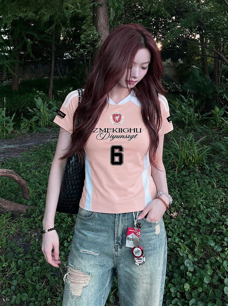 220 그램 주간 실크 차가운 면 반팔 티셔츠 여성 의류 여름 새로운 한 부서 디자인 센스 삽입 색상 V넥 맨위 상세 이미지 15