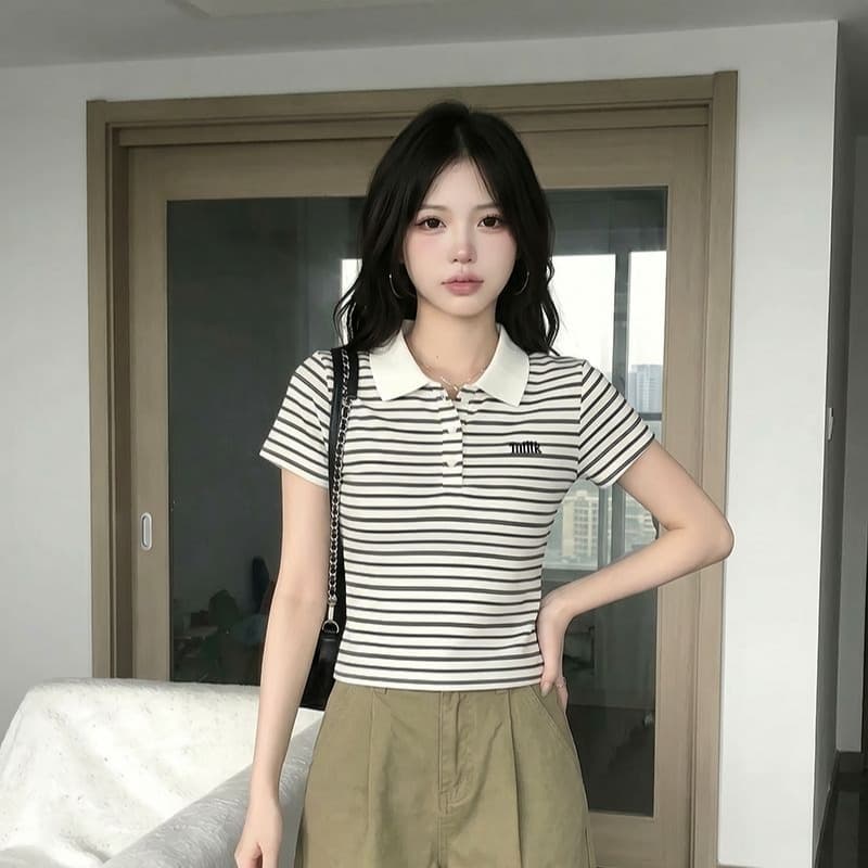 반팔 티셔츠 여성 의류 여름 새로운 디자인 센스 아메리칸 스트라이프 자수 배색 POLO 칼라 맨위 이미지 5