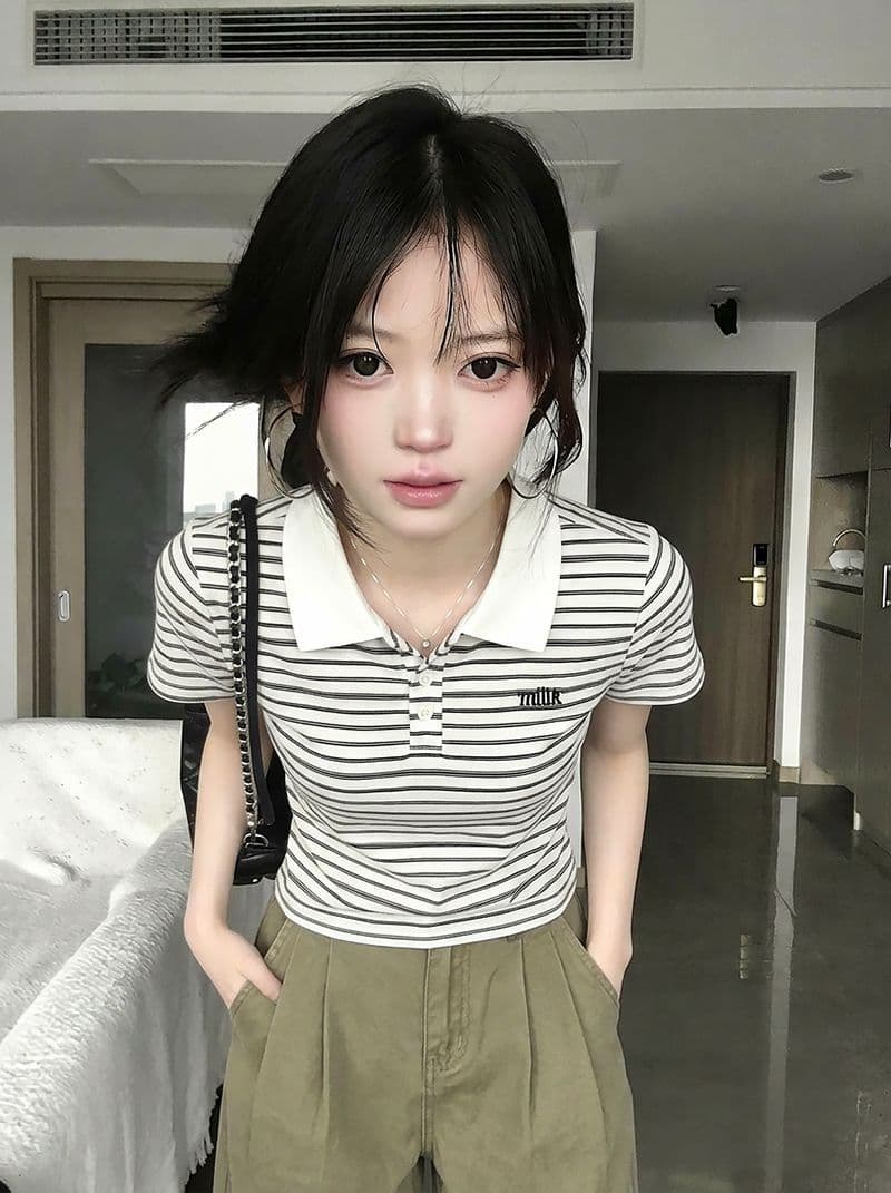 반팔 티셔츠 여성 의류 여름 새로운 디자인 센스 아메리칸 스트라이프 자수 배색 POLO 칼라 맨위 상세 이미지 5