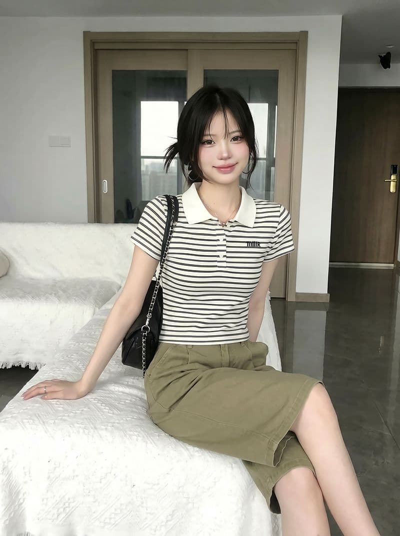 반팔 티셔츠 여성 의류 여름 새로운 디자인 센스 아메리칸 스트라이프 자수 배색 POLO 칼라 맨위 상세 이미지 8