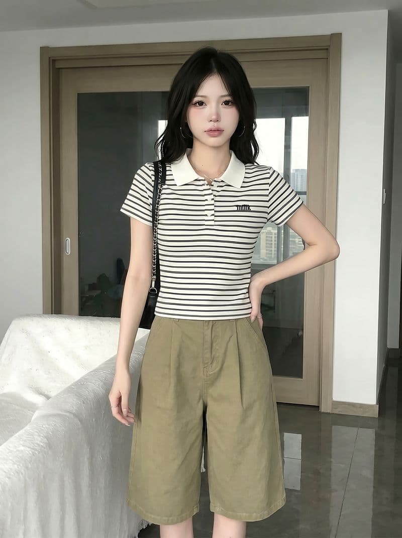 반팔 티셔츠 여성 의류 여름 새로운 디자인 센스 아메리칸 스트라이프 자수 배색 POLO 칼라 맨위 상세 이미지 9
