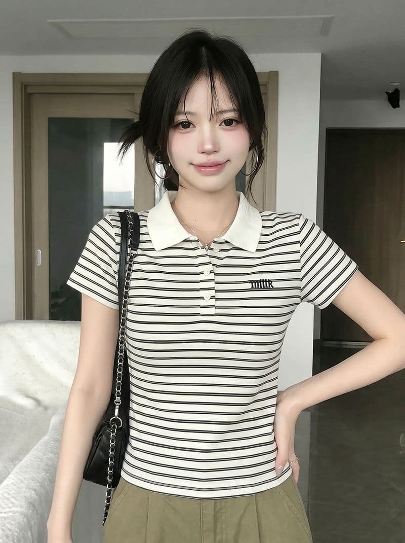 반팔 티셔츠 여성 의류 여름 새로운 디자인 센스 아메리칸 스트라이프 자수 배색 POLO 칼라 맨위 상세 이미지 10