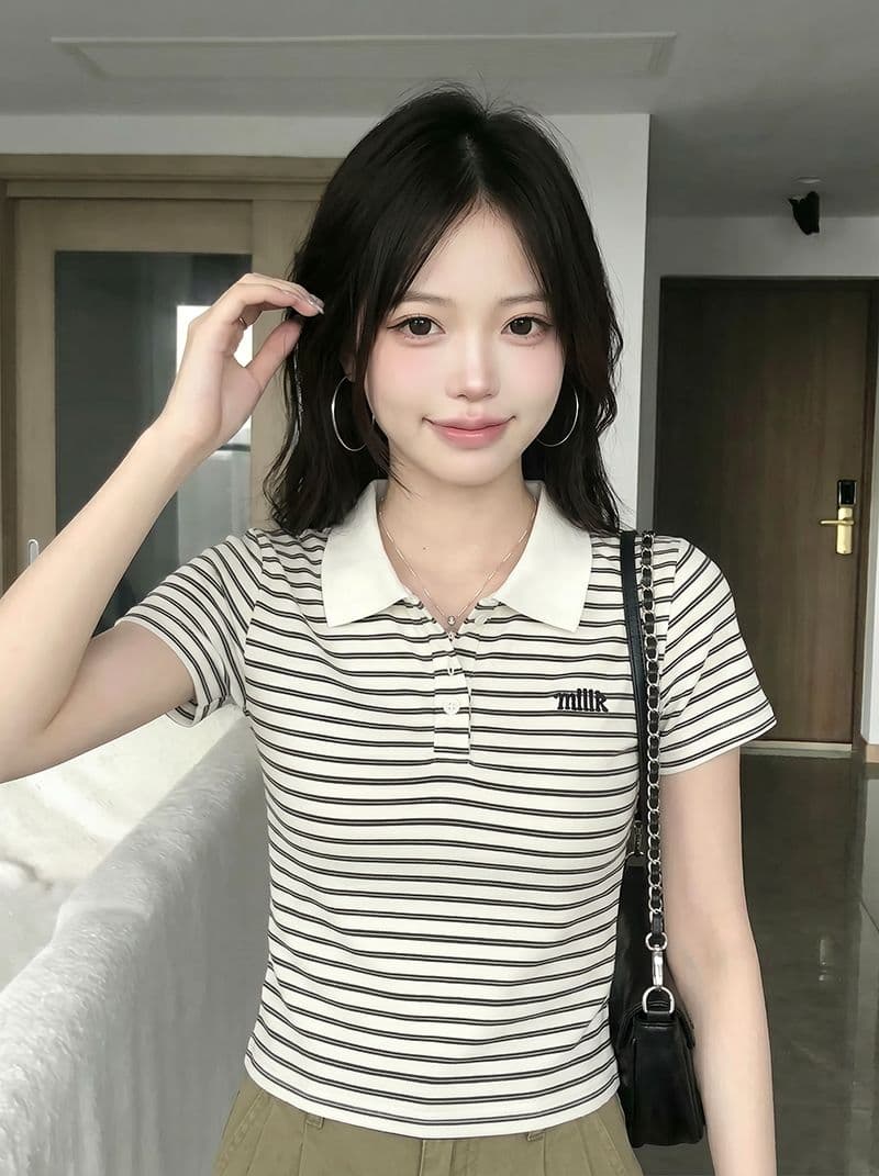 반팔 티셔츠 여성 의류 여름 새로운 디자인 센스 아메리칸 스트라이프 자수 배색 POLO 칼라 맨위 상세 이미지 11