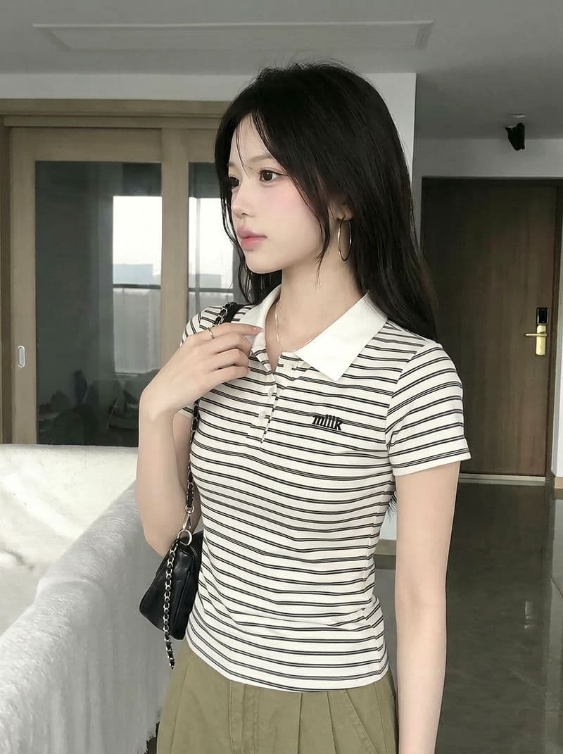반팔 티셔츠 여성 의류 여름 새로운 디자인 센스 아메리칸 스트라이프 자수 배색 POLO 칼라 맨위 상세 이미지 12