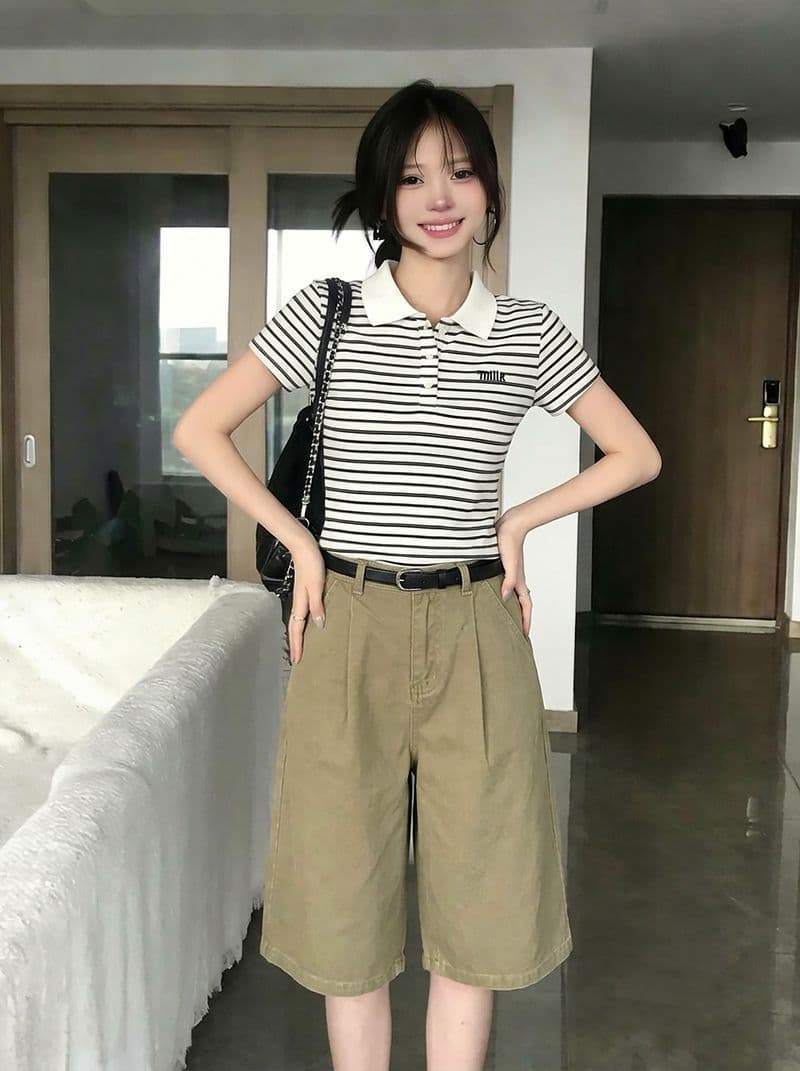 반팔 티셔츠 여성 의류 여름 새로운 디자인 센스 아메리칸 스트라이프 자수 배색 POLO 칼라 맨위 상세 이미지 15