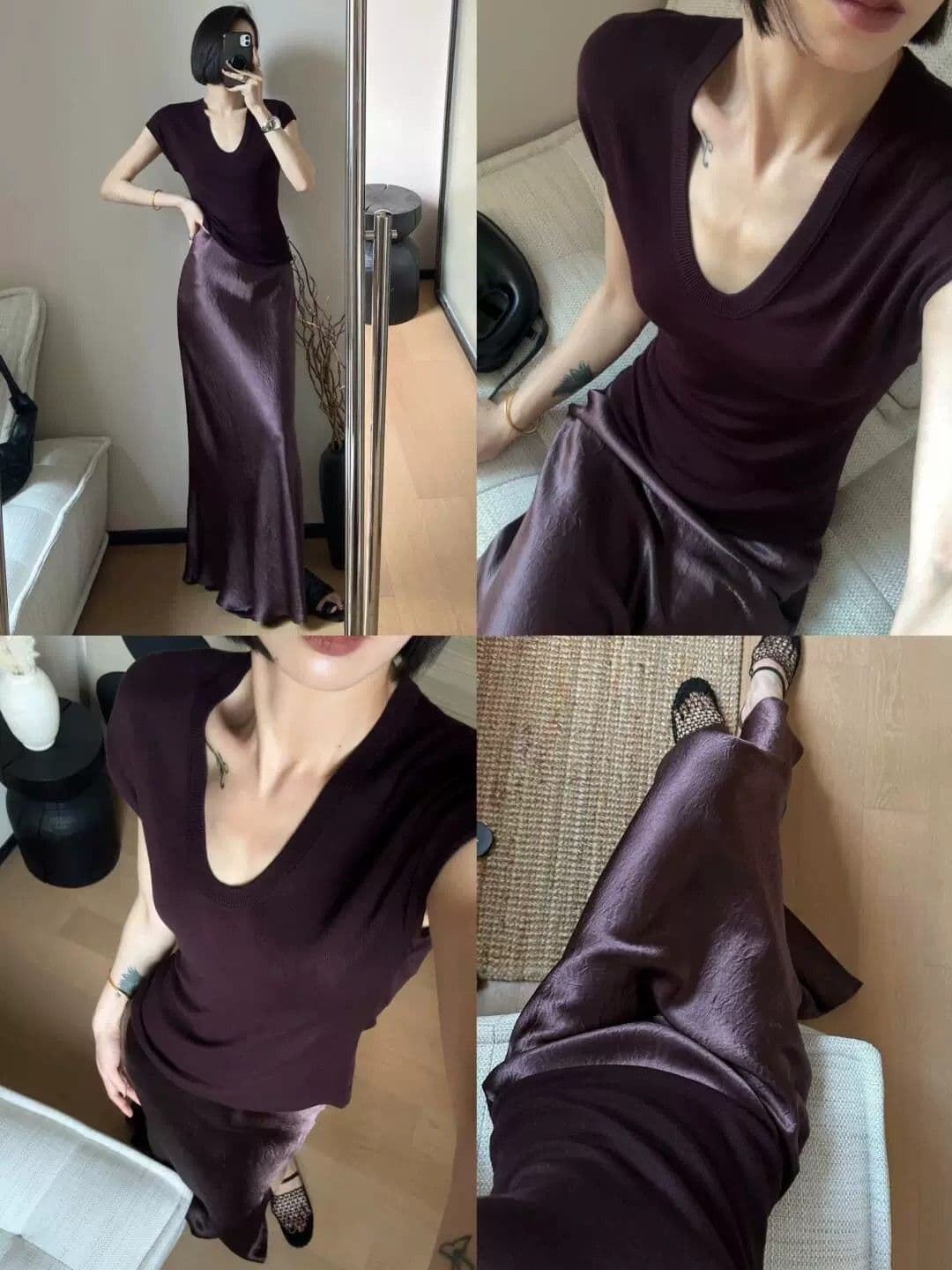 로얄 자매 보라색 u 칼라 긍정적 인 어깨 반팔 티셔츠 여성 여름 품격 몸매 가꾸기 디자인 센스 작은 날다 소매 얼음 실크 니트 맨위