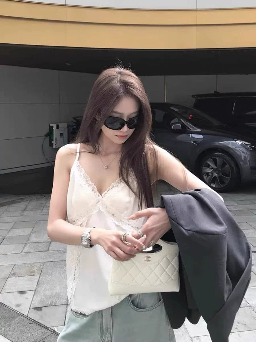 순수한 욕망 레이스 조각 캐미솔 봄 여름 빅 사이즈 부드러운 새틴 화이트 기본 셔츠 정장 인사이드 잡아라. 의류 이미지 4