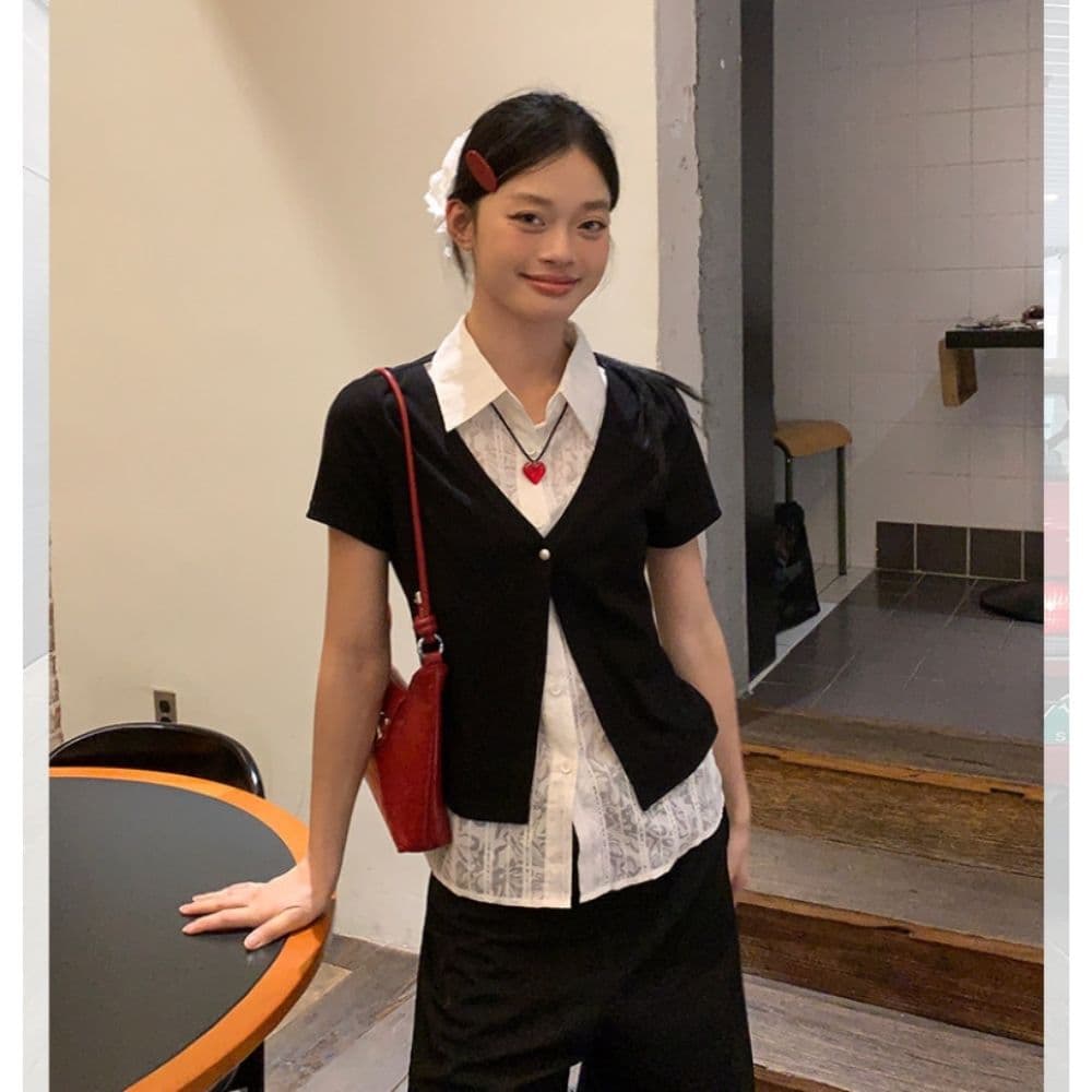 검정색 POLO 칼라 페이크 레이어드 반팔 티셔츠 여성 여름 한 부서 몸매 가꾸기 고유 한 아름다운 다용도 맨위 셔츠