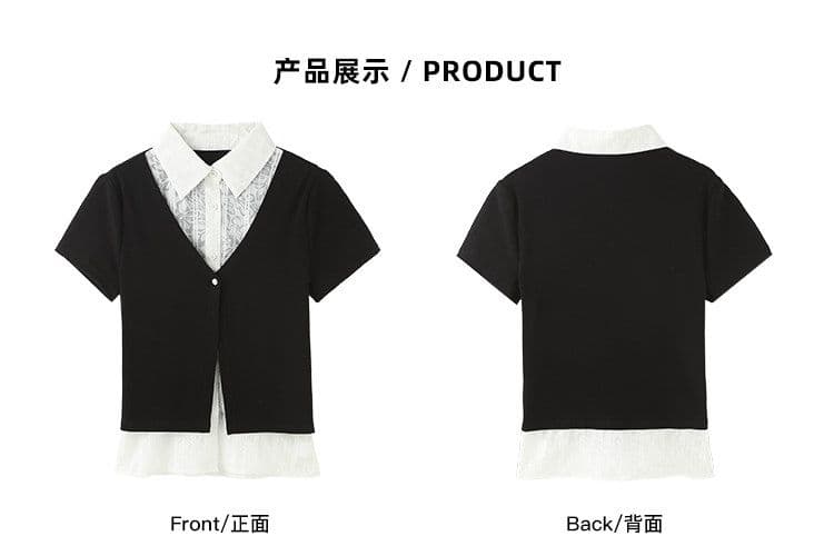 검정색 POLO 칼라 페이크 레이어드 반팔 티셔츠 여성 여름 한 부서 몸매 가꾸기 고유 한 아름다운 다용도 맨위 셔츠 상세 이미지 2
